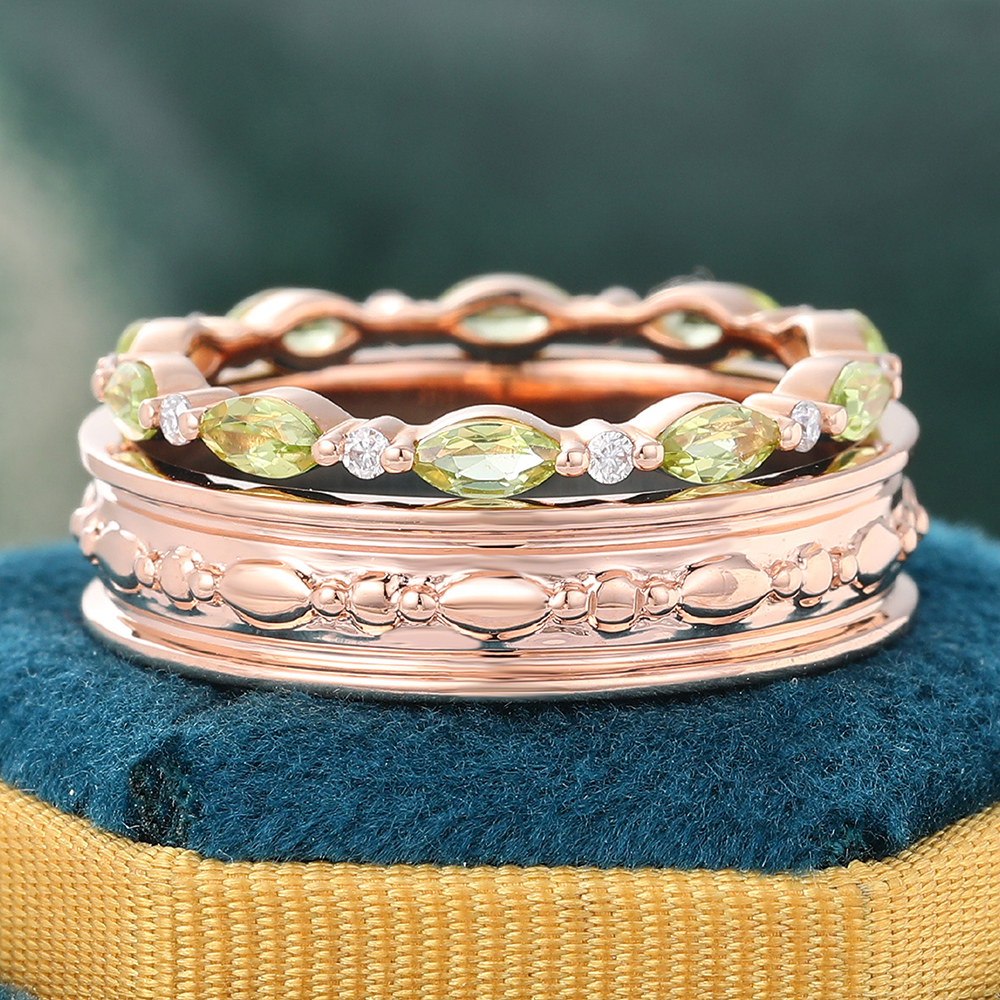 14K Rose Gold Wide Wedding Band & Olivine and Diamond Alternating Eternity Band - 2pcs