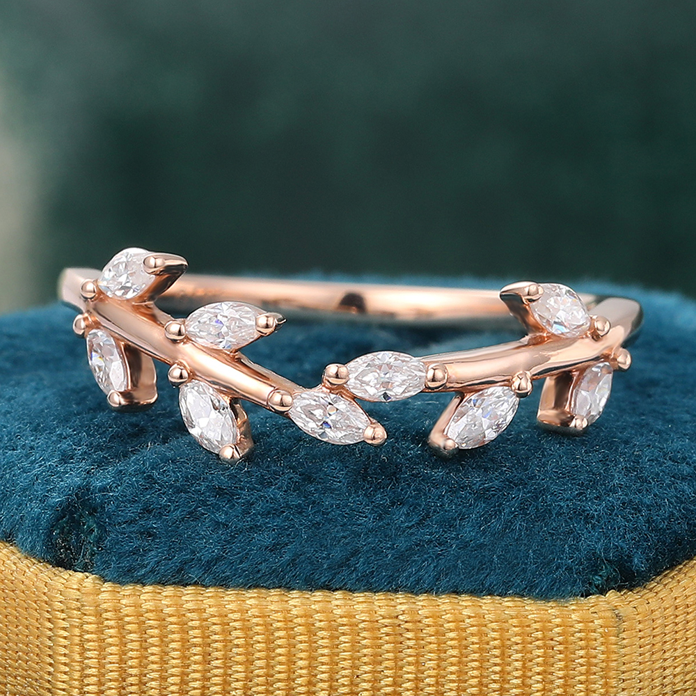 Juyoyo Marquise Cut Moissanite Curved Wedding Band Leaf Nature Inspired Stacking Ring Rose Gold