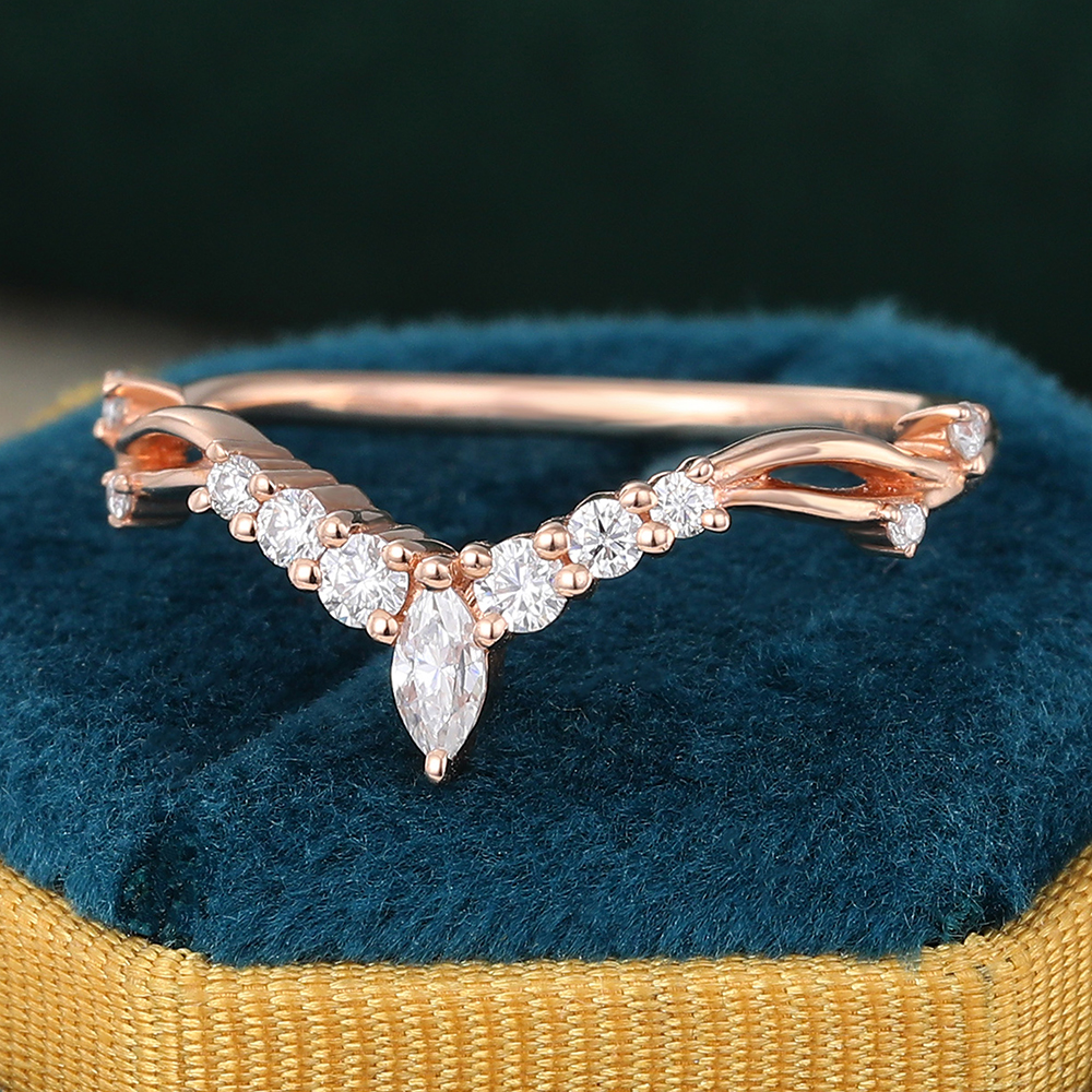 Juyoyo Rose Gold Marquise Moissanite Curved Wedding Band Rings