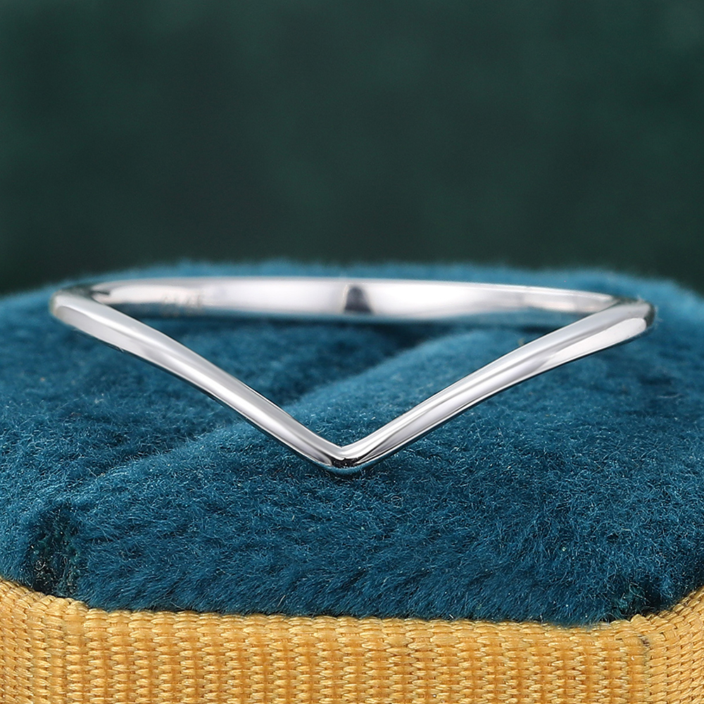 Juyoyo V Shaped Plain Solid White Gold Band Ring Curved Contour Wedding Band