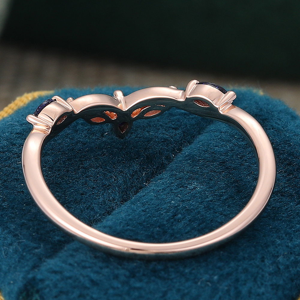 Juyoyo Unique Alexandrite & Blue Sandstone Curved Wedding Band Vintage Stackable Ring 14K Rose Gold