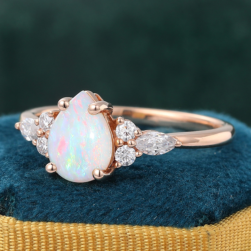 Juyoyo Classic Pear Opal Engagement Ring with Diamond Cluster Accents
