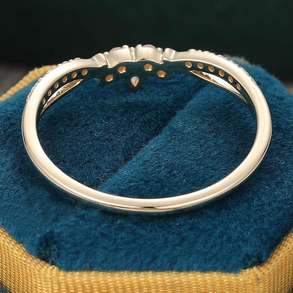 Juyoyo Dainty Pear Shaped Rose Quartz Ring Diamond Curved Wedding Band in 14K Yellow Gold