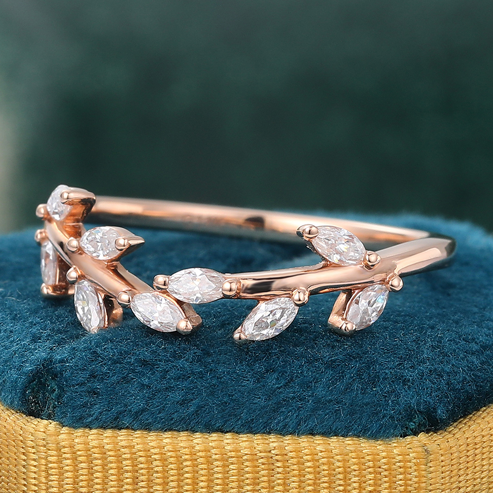 Juyoyo Marquise Cut Moissanite Curved Wedding Band Leaf Nature Inspired Stacking Ring Rose Gold