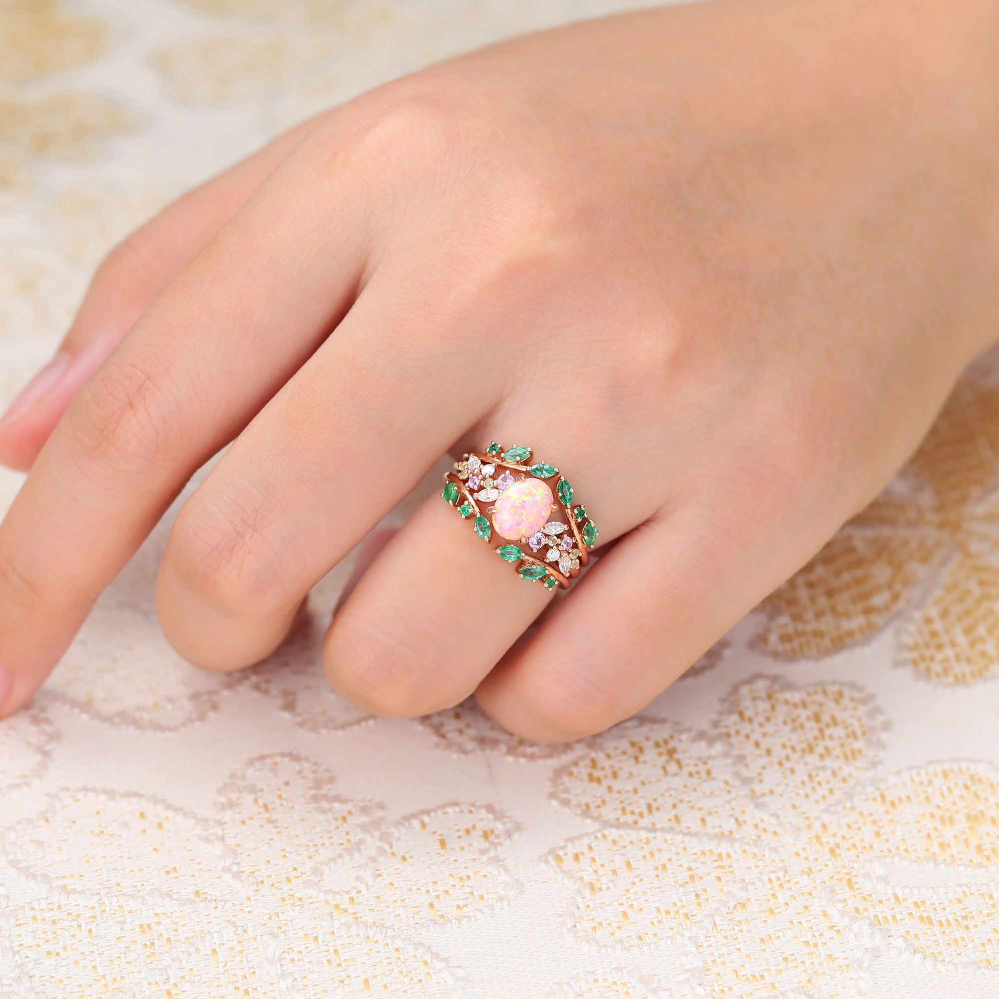 Juyoyo Vintage Oval Pink Opal Engagement Ring Nature Inspired Emerald Wedding Band Rose Gold