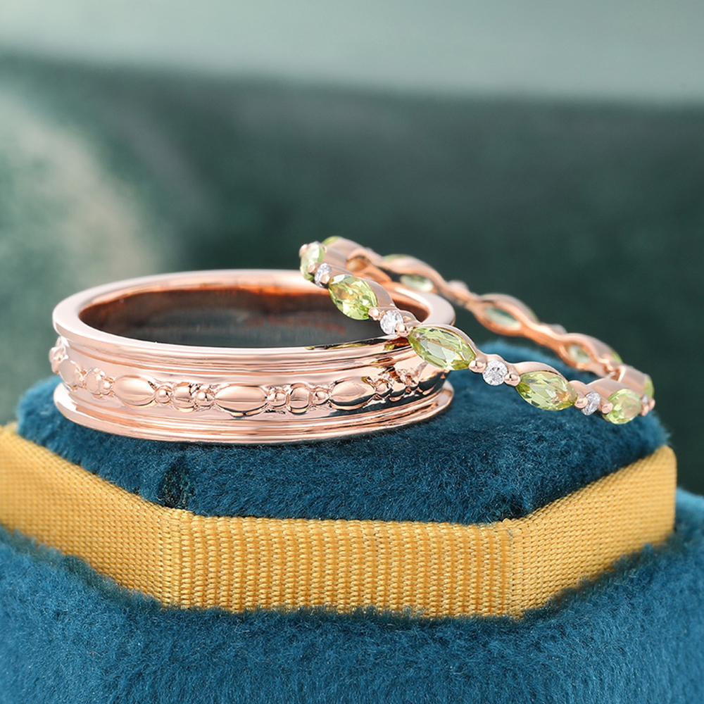 14K Rose Gold Wide Wedding Band &  Peridot and Diamond Alternating Eternity Band - 2pcs