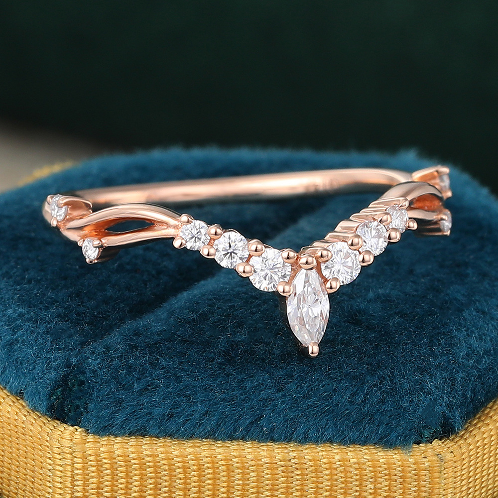 Juyoyo Rose Gold Marquise Moissanite Curved Wedding Band Rings