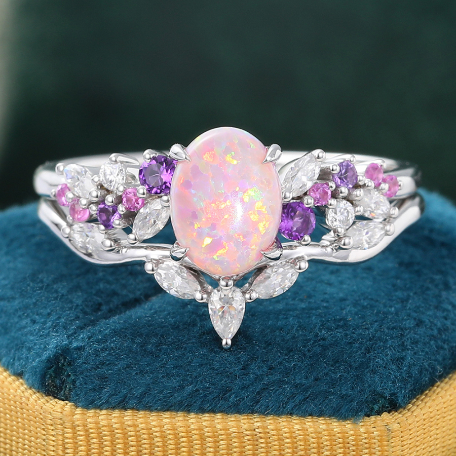 Oval Pink Opal Promise Ring Set Moissanite Leaf Stacking Band Women White Gold Wedding Rings