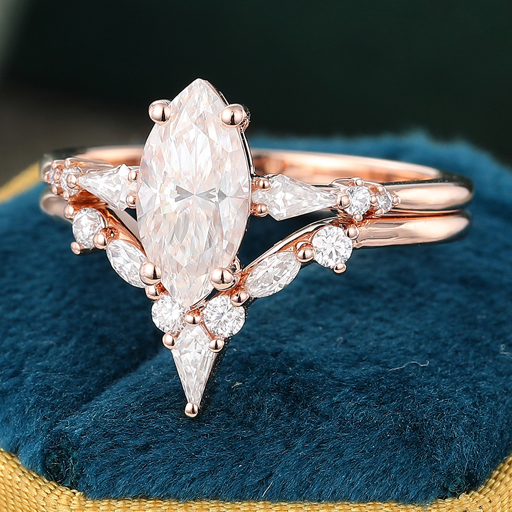 Juyoyo Vintage Marquise Cut Moissanite Engagement and Wedding Ring Set for Women Rose Gold - 2pcs