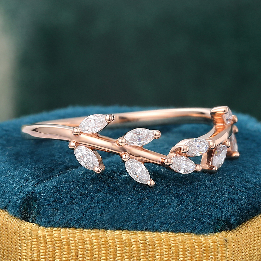 Juyoyo Marquise Cut Moissanite Curved Wedding Band Leaf Nature Inspired Stacking Ring Rose Gold