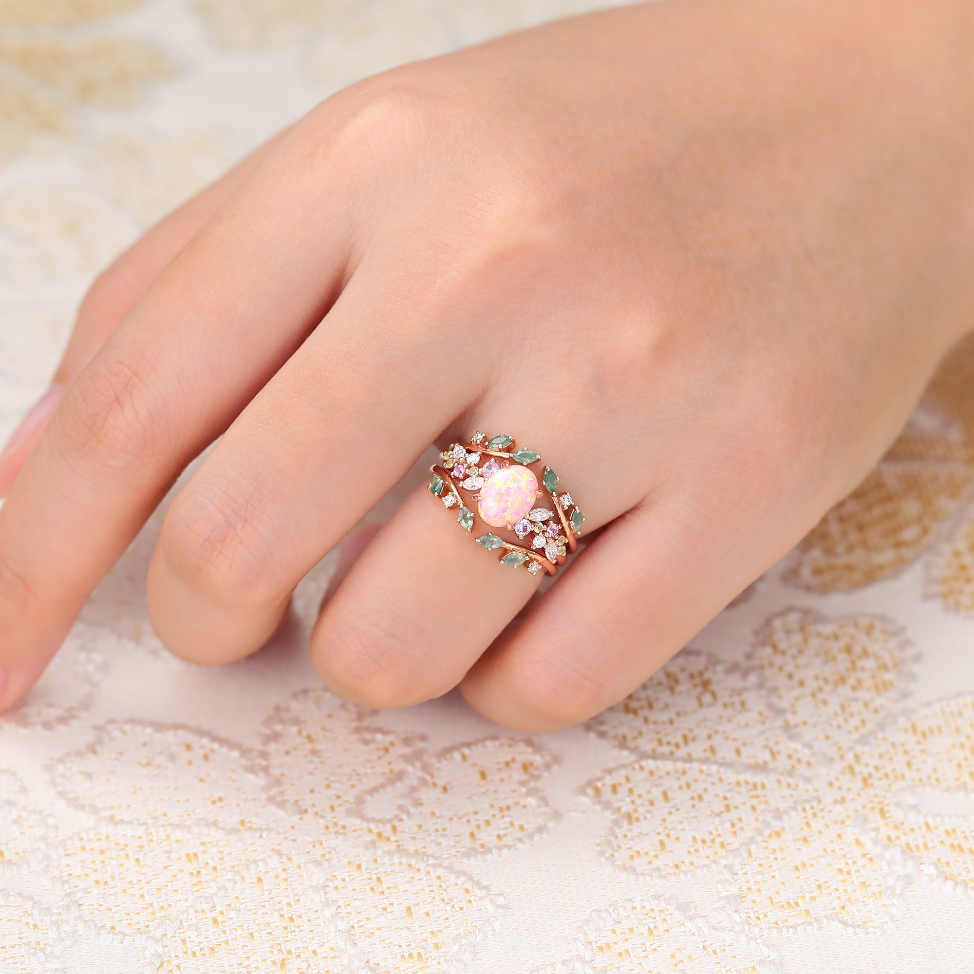 Juyoyo Oval Cut Pink Opal Bridal Ring Set Vintage Nature Inspired Double Curved Wedding Band