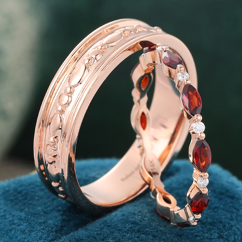 Juyoyo Marquise Cut Garnet Eternity Wedding Band Set Couple Rings Set for Men and Women - 2pcs