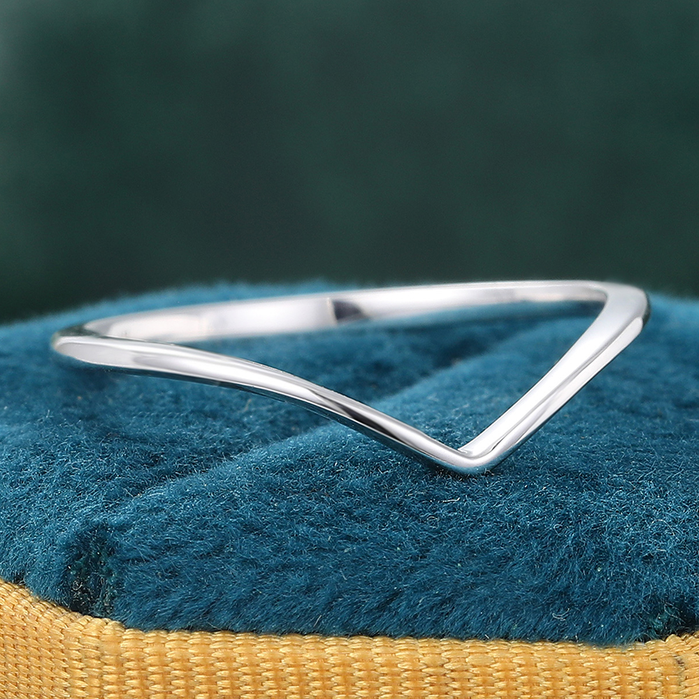 Juyoyo V Shaped Plain Solid White Gold Band Ring Curved Contour Wedding Band