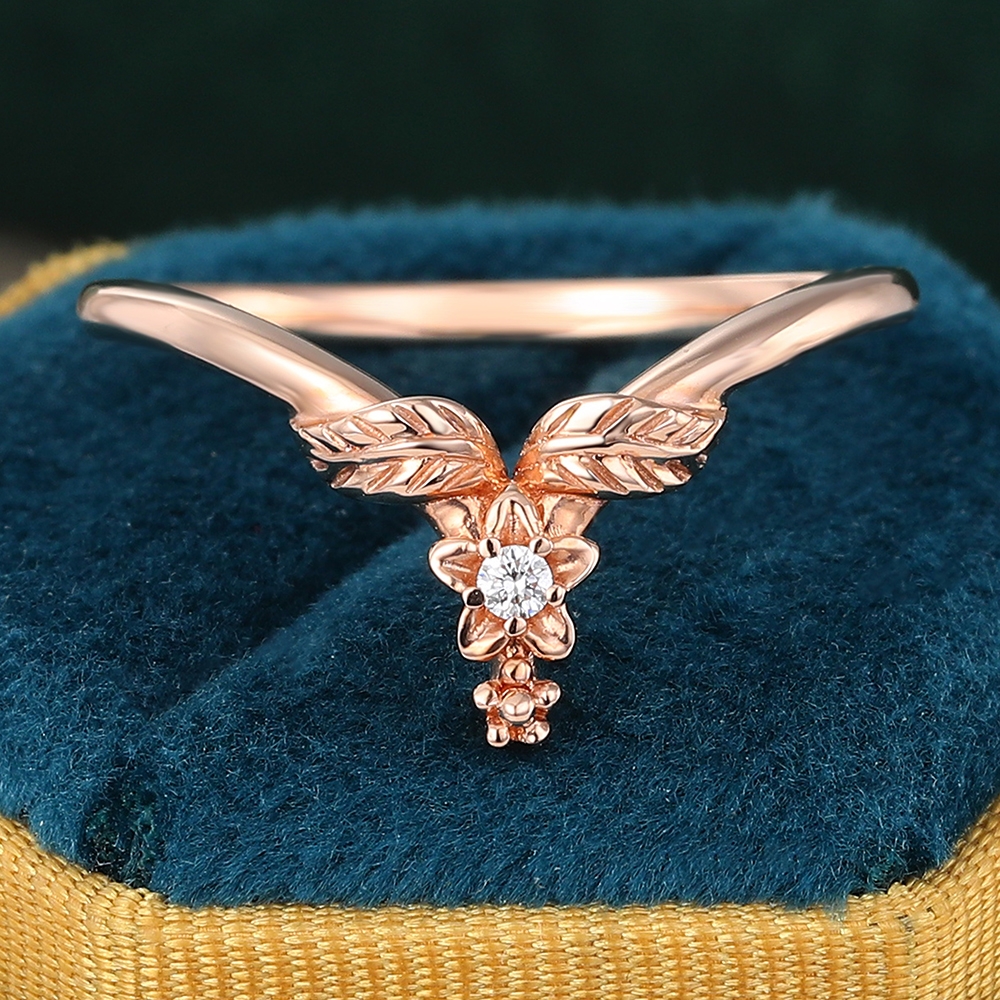 Juyoyo Unique Moissanite Curved Wedding Band 14K Rose Gold Leaf Floral Nature Inspired Wedding Band