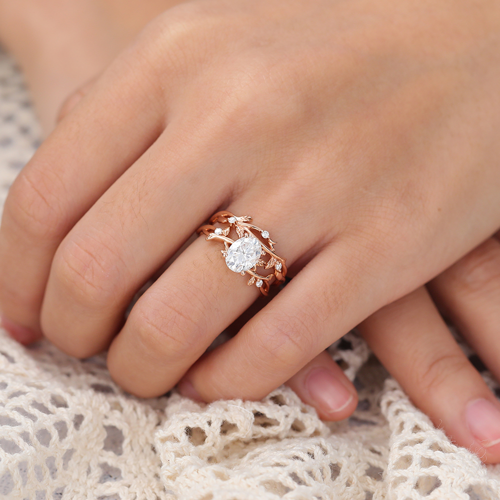 Juyoyo Vintage Moissanite Wedding Ring Set Rose Gold Twig Nature Inspired Engagement Ring Set - 2pcs