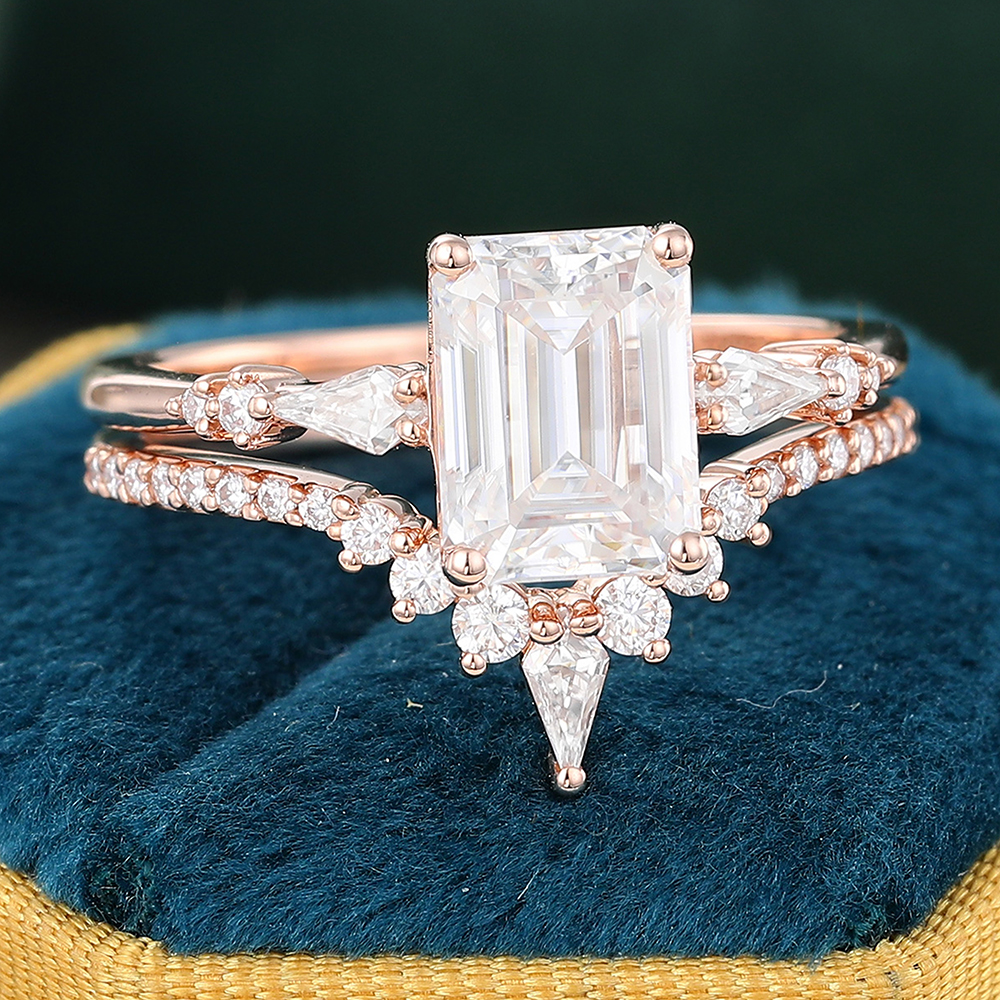 Juyoyo Emerald Cut Moissanite Bridal Ring Set with Pave Diamond Wedding Band Set 14K Rose Gold - 2pcs
