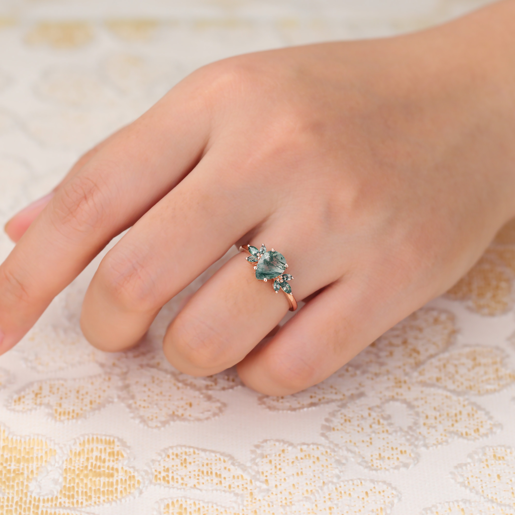 Natural Inspired Pear Moss Agate Engagement Ring with Marquise Moss Agate Accents