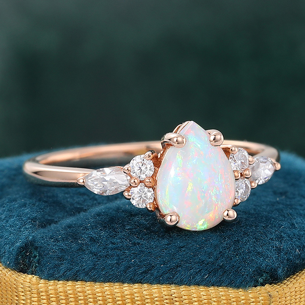 Juyoyo Classic Pear Opal Engagement Ring with Diamond Cluster Accents