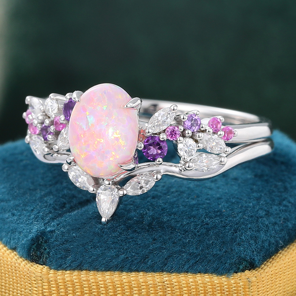 Juyoyo Oval Pink Opal Promise Ring Set Moissanite Leaf Stacking Band Women White Gold Wedding Rings