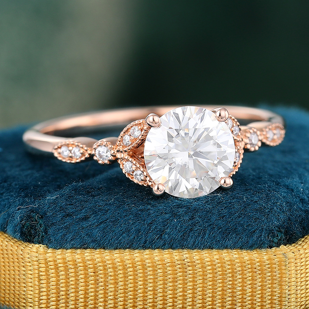 Juyoyo Round Moissanite Engagement Ring Vintage Milgrain Wedding Ring Rose Gold