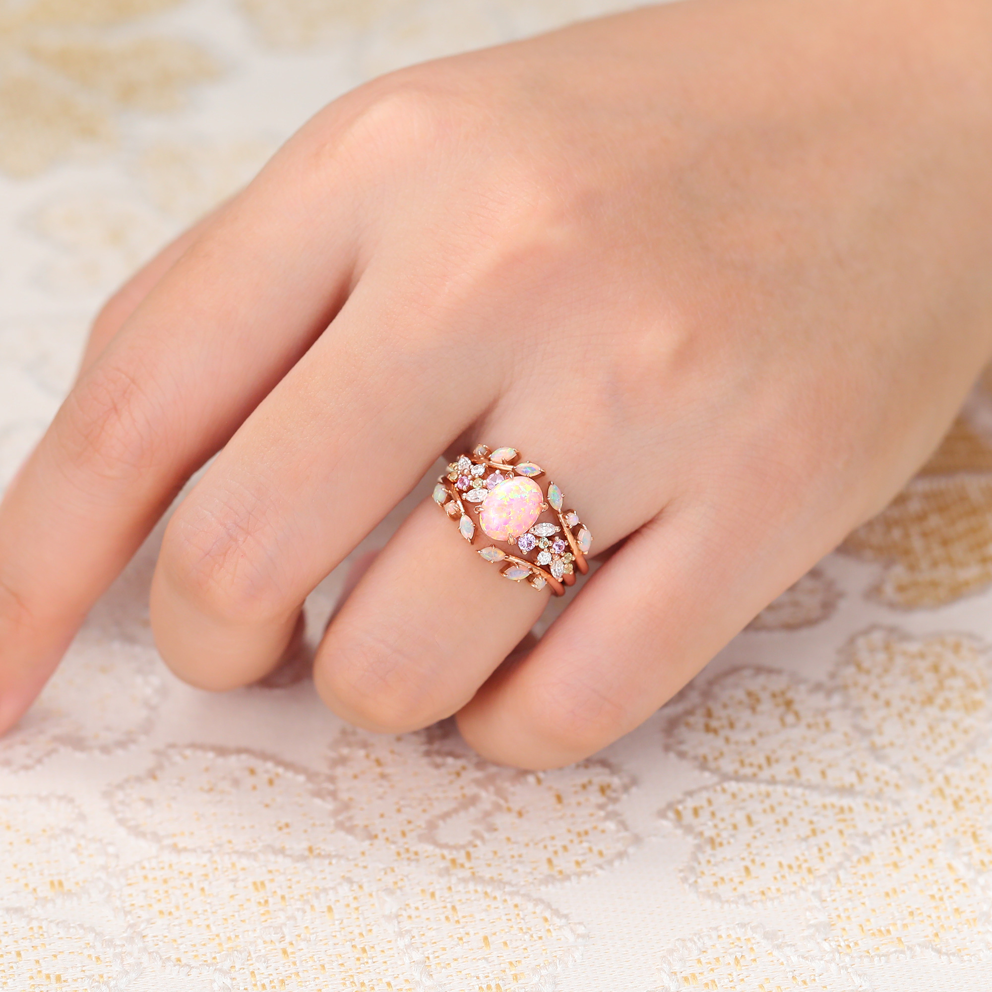 Juyoyo Oval Cut Pink Opal Bridal Ring Set Vintage Nature Inspired Engagement Rings Rose Gold