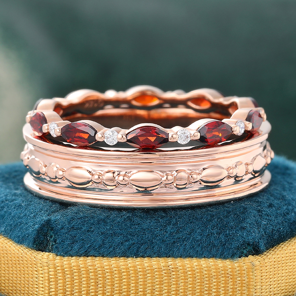 Juyoyo Marquise Cut Garnet Eternity Wedding Band Set Couple Rings Set for Men and Women - 2pcs