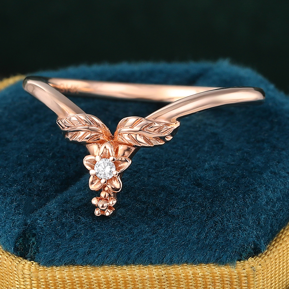 Juyoyo Unique Moissanite Curved Wedding Band 14K Rose Gold Leaf Floral Nature Inspired Wedding Band