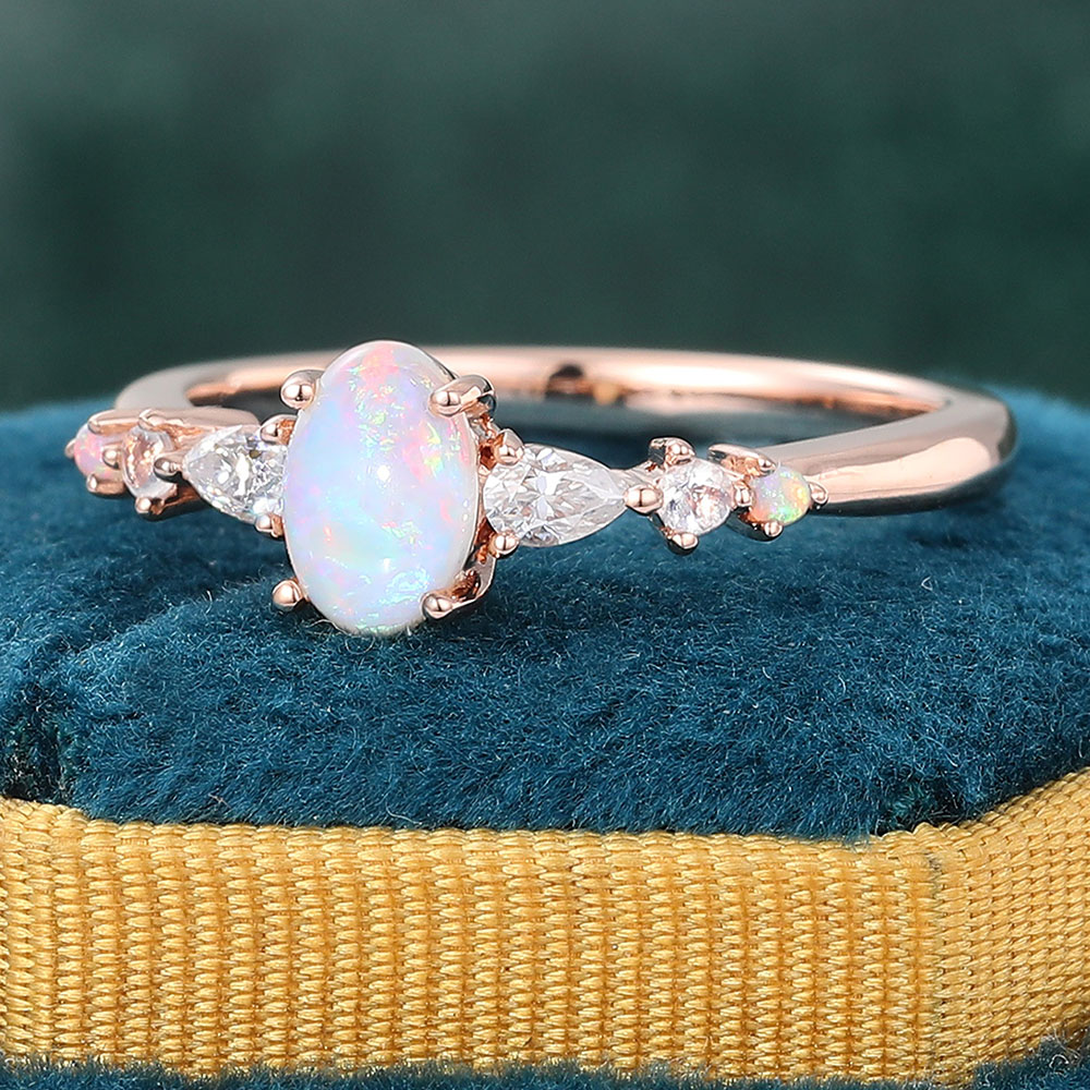 Juyoyo Oval Cut Opal Ring with Moissanite & Moonstone Accents for Women