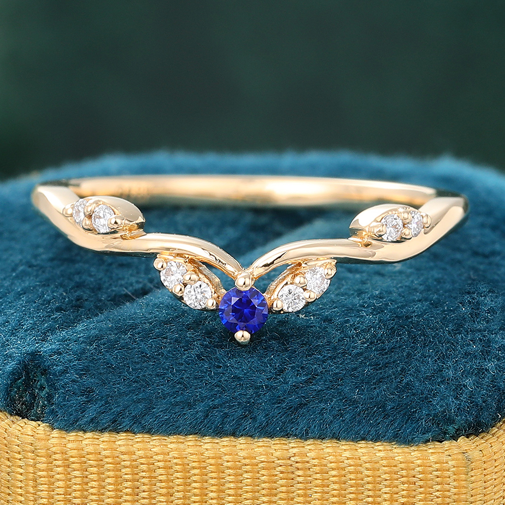 Juyoyo Unique Sapphire Curved Wedding Band Gold Moissanite Stacking Ring Anniversary Promise