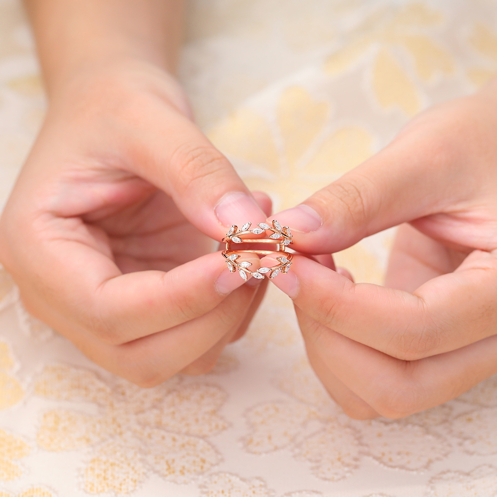Juyoyo Rose Gold Marquise Cut Moissanite Double Curved Wedding Band Delicate Leaf Shape Enhancer