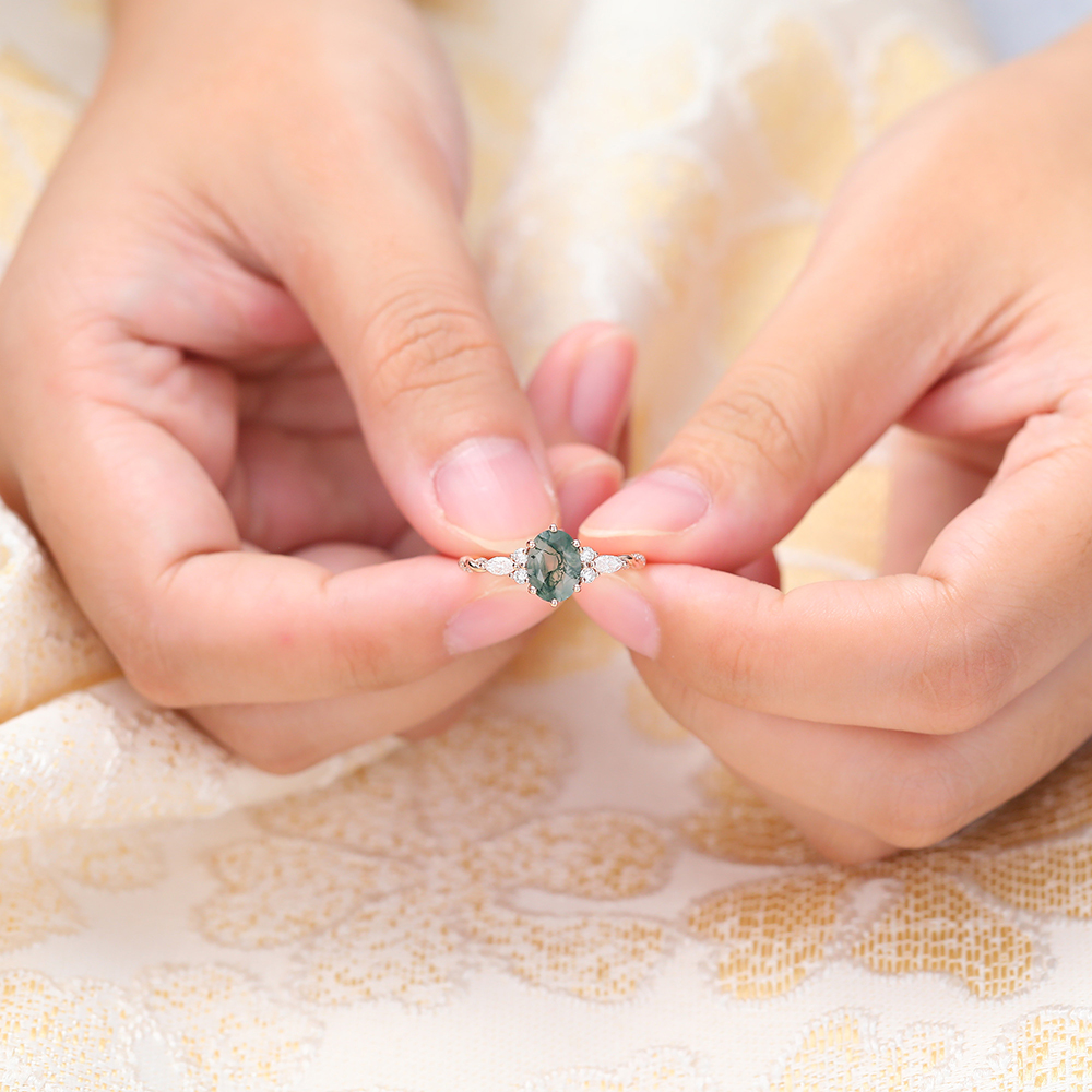 Juyoyo Oval Moss Agate Diamond Ring Twisted Rose Gold