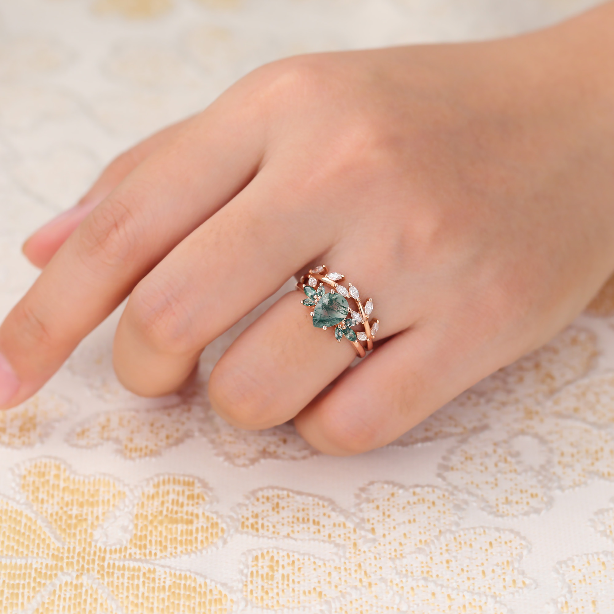 Juyoyo  pear-shape-engagement-ring-gold-moss-agate-ring-couples-wedding-ring-sets