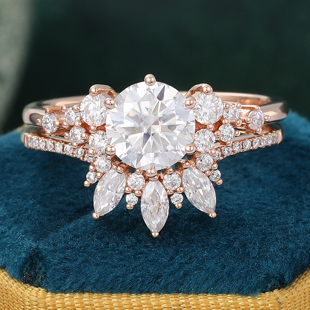Juyoyo Moissanite Bridal Ring Set with Curved Wedding Band Vintage Engagement Ring Set - 2pcs