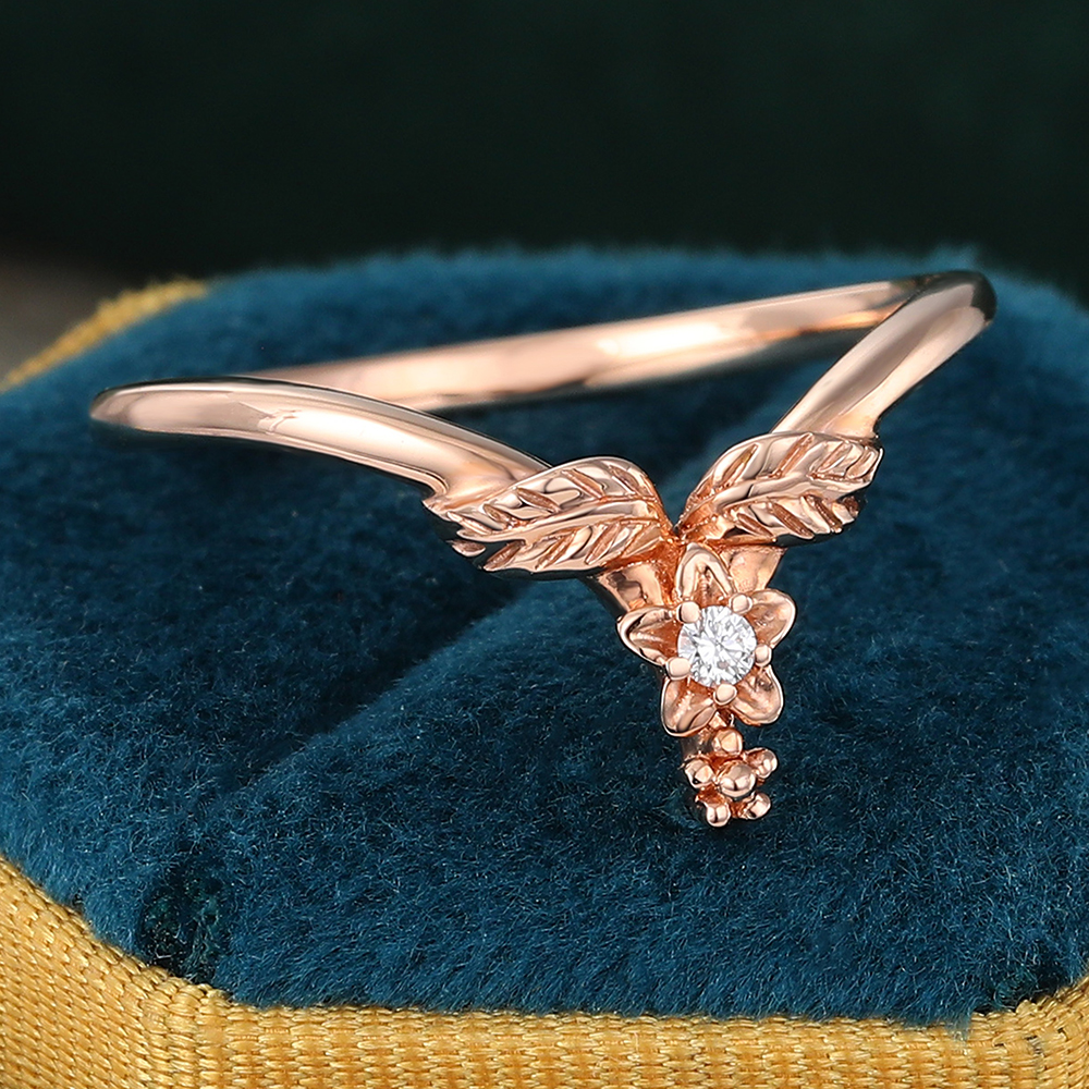 Juyoyo Unique Moissanite Curved Wedding Band 14K Rose Gold Leaf Floral Nature Inspired Wedding Band
