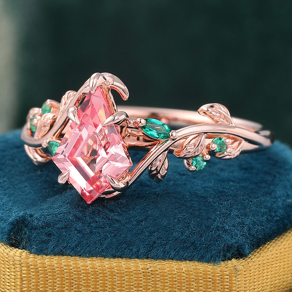 Juyoyo Kite Cut Pink Sapphire Engagement Ring Emerald Leaf Nature Inspired Bridal Ring Rose Gold