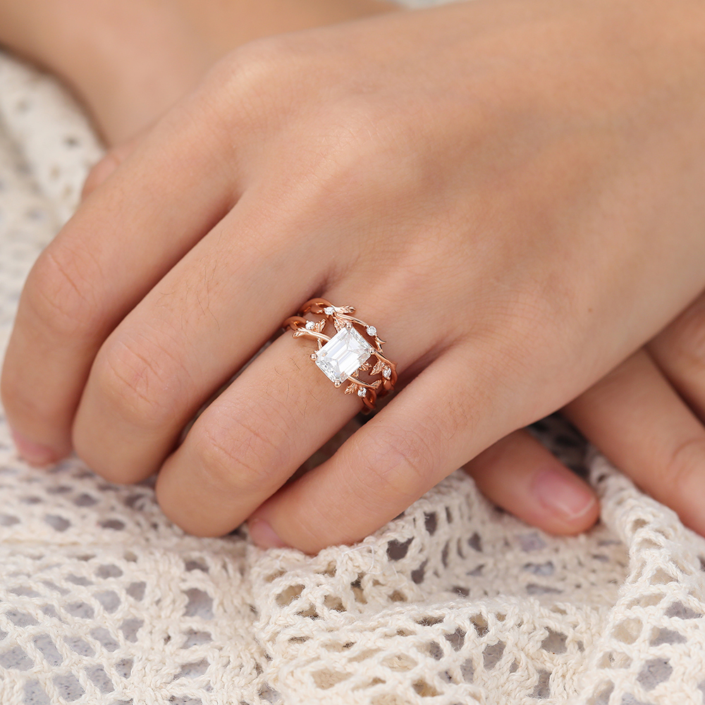 Juyoyo Emerald Cut Moissanite Engagement Ring Set Rose Gold Twig Nature Inspired Ring Set - 2pcs