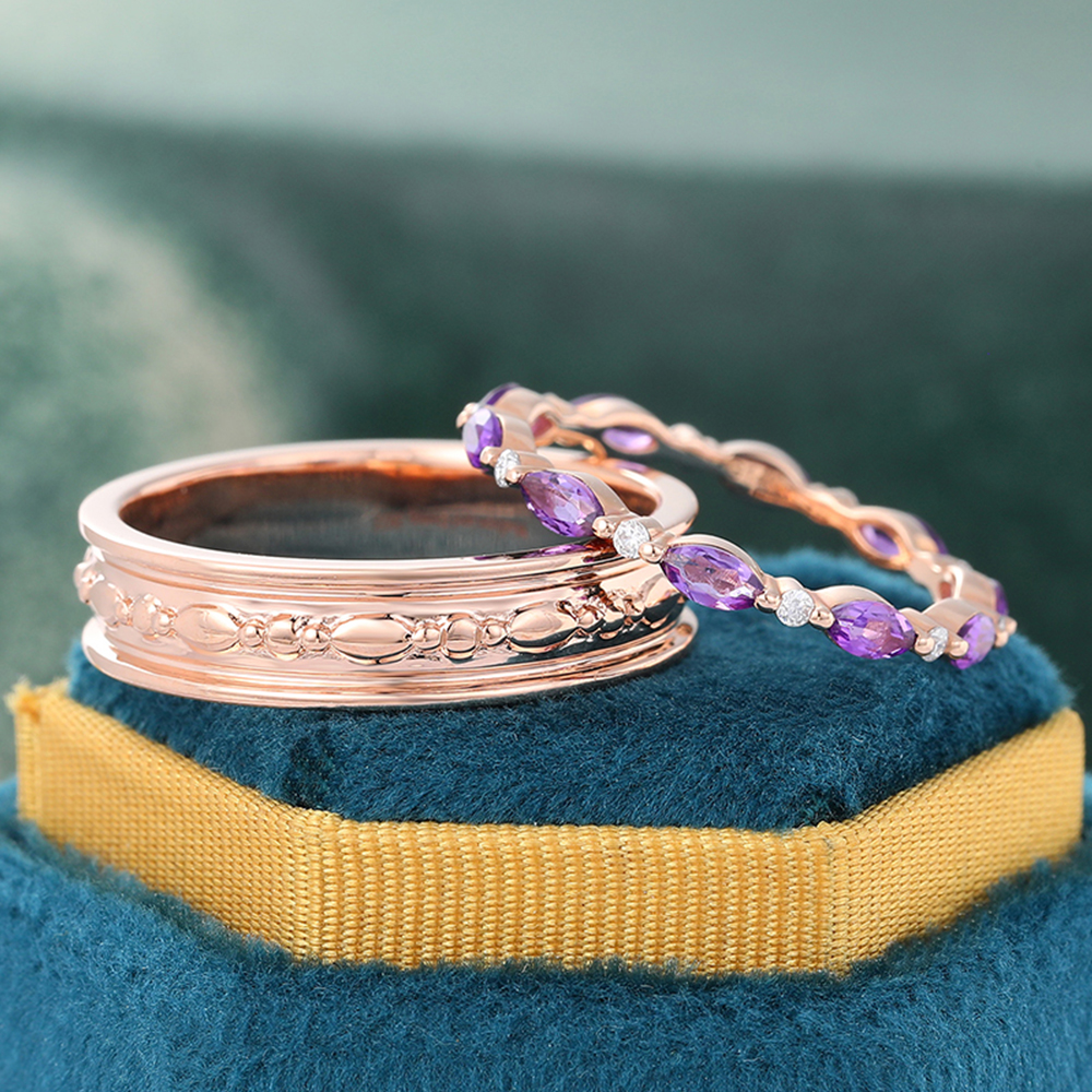 Juyoyo Marquise Amethyst & Round Moissanite Bridal Ring Set Couple Rings for Men and Women - 2pcs