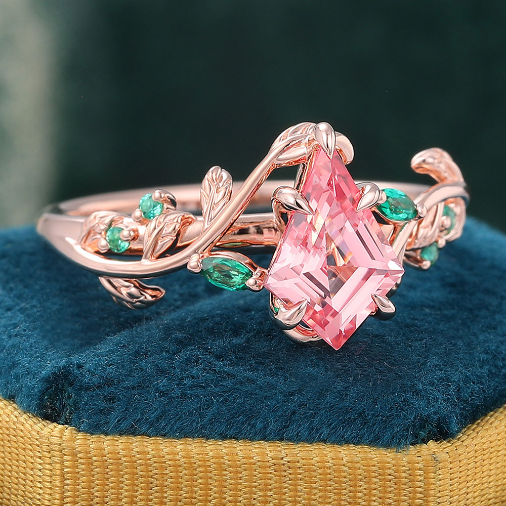 Juyoyo Kite Cut Pink Sapphire Engagement Ring Emerald Leaf Nature Inspired Bridal Ring Rose Gold