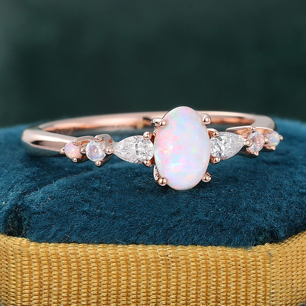 Juyoyo Oval Cut Opal Ring with Moissanite & Moonstone Accents for Women