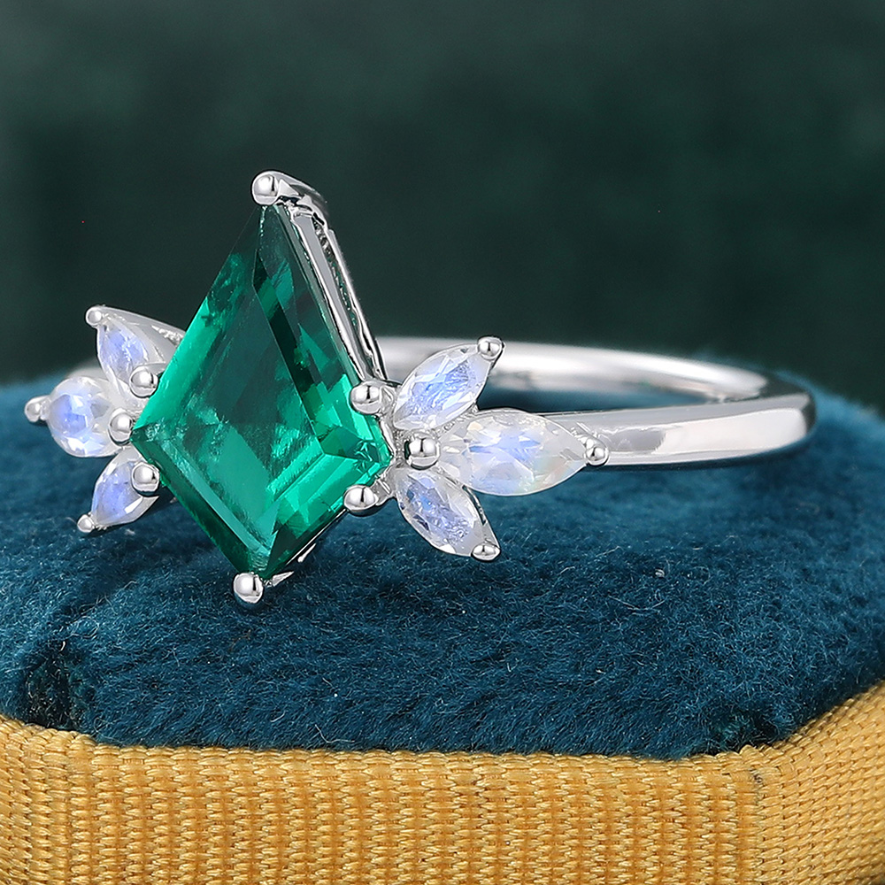 Emerald Engagement Ring White Gold Moonstone Ring