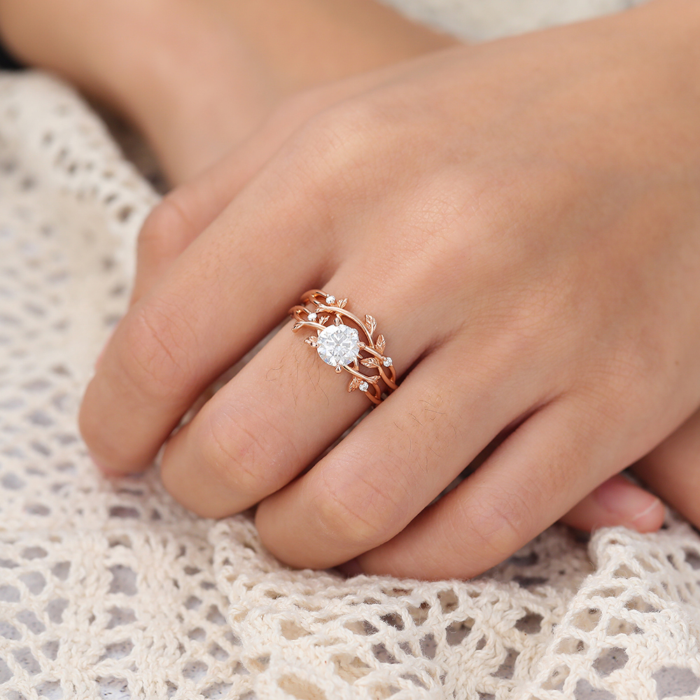 Juyoyo Nature Inspired Unique Round Cut Moissanite Leafy Bridal Ring Sets for Women - 2pcs