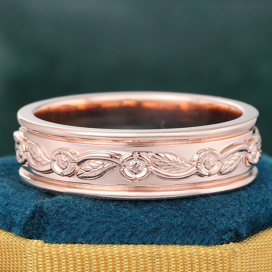 Engraved 14K Gold Band Wide Thick Wedding Band Engraving Floral Leaf Stacking Ring