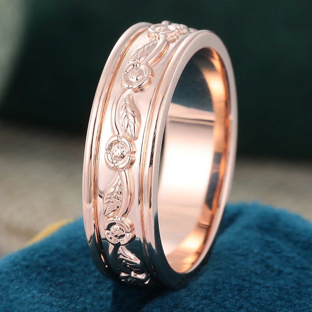 Juyoyo Engraved 14K Gold Band Wide Thick Wedding Band Engraving Floral Leaf Stacking Ring