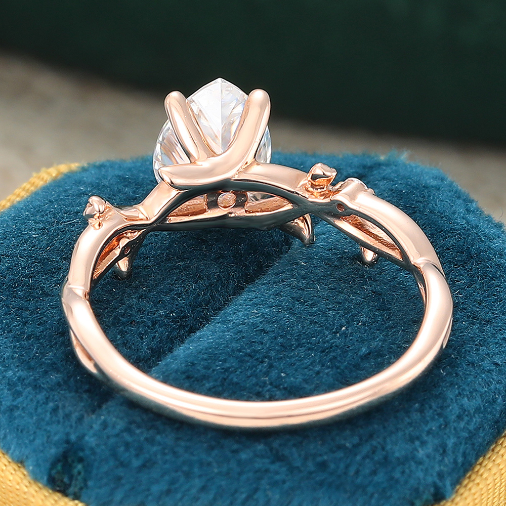 Juyoyo Pear Shaped Moissanite Three Stone Engagement Ring Vine Leaf Rose Gold Nature Inspired Ring