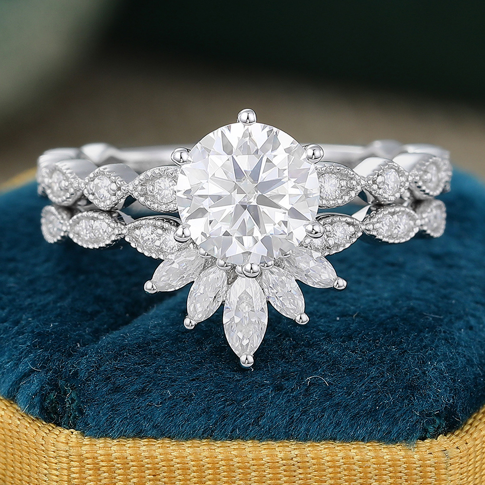 Juyoyo 1ct Moissanite White gold Milgrain Engagement Ring Set