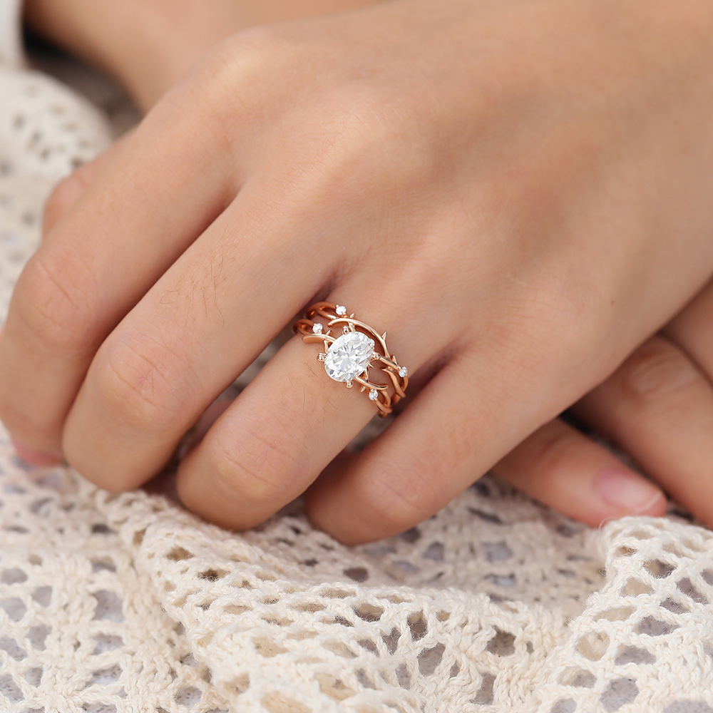 Juyoyo Oval Cut Moissanite Bridal Ring Set Vine Nature Inspired Engagement Ring Set 14K Rose Gold