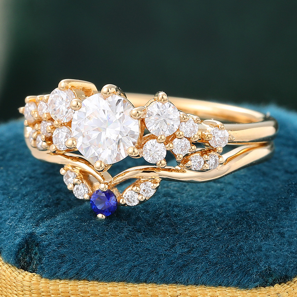 Juyoyo Vintage Moissanite Bridal Ring Set 14K Yellow Gold Sapphire Engagement Ring Set - 2pcs