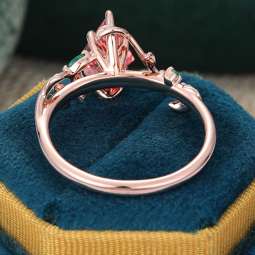 Juyoyo Kite Cut Pink Sapphire Engagement Ring Emerald Leaf Nature Inspired Bridal Ring Rose Gold