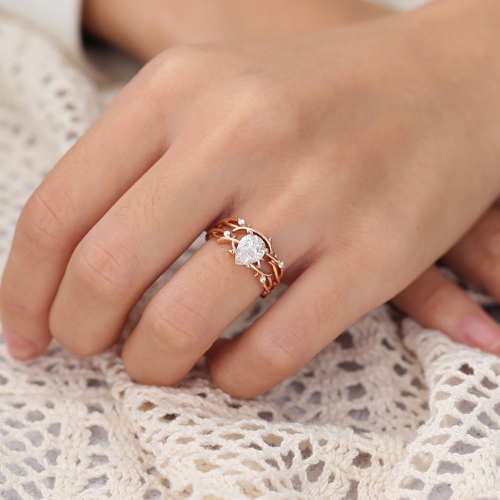 Juyoyo Moissanite Bridal Ring Set Leaf Vine Twig Branch Nature Inspired Engagement Ring Set - 2pcs