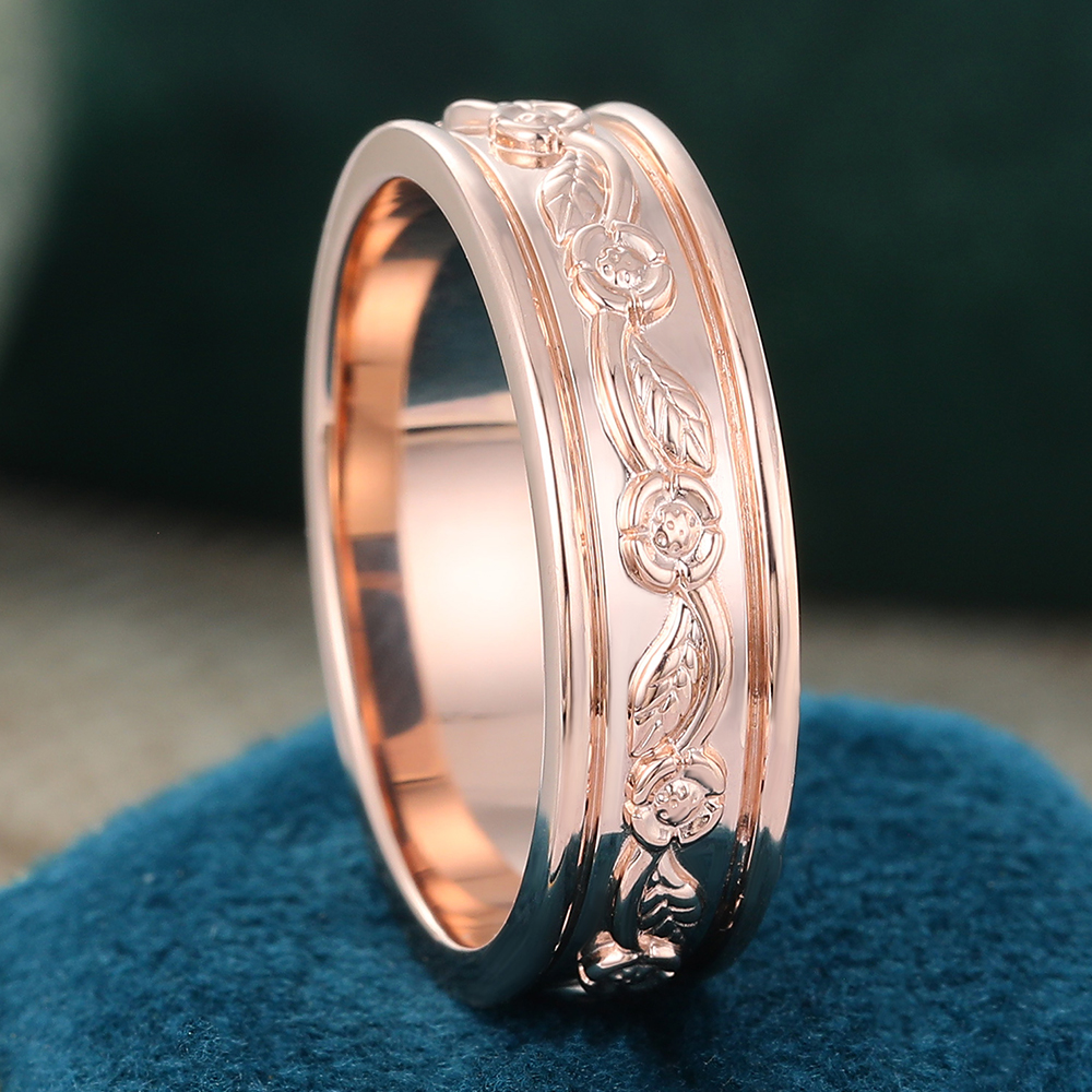 Juyoyo Engraved 14K Gold Band Wide Thick Wedding Band Engraving Floral Leaf Stacking Ring